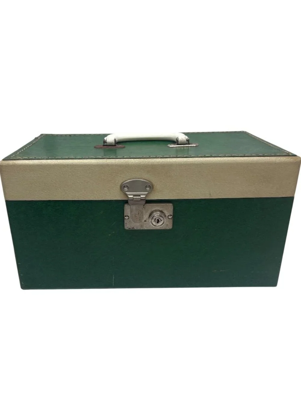 Vintage Green/Cream Storage Box W/Red Interior Handle & Locking Clasp 15
